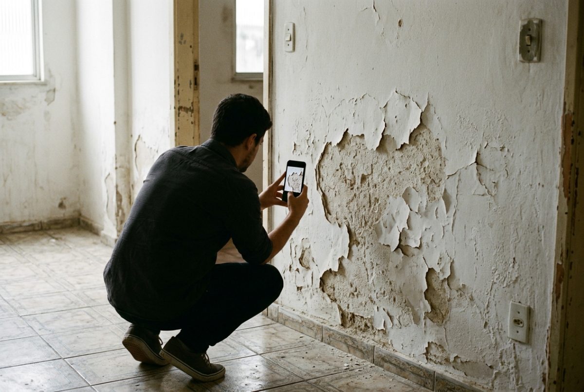 Pessoa fotografando com o celular uma parede com pintura descascada.