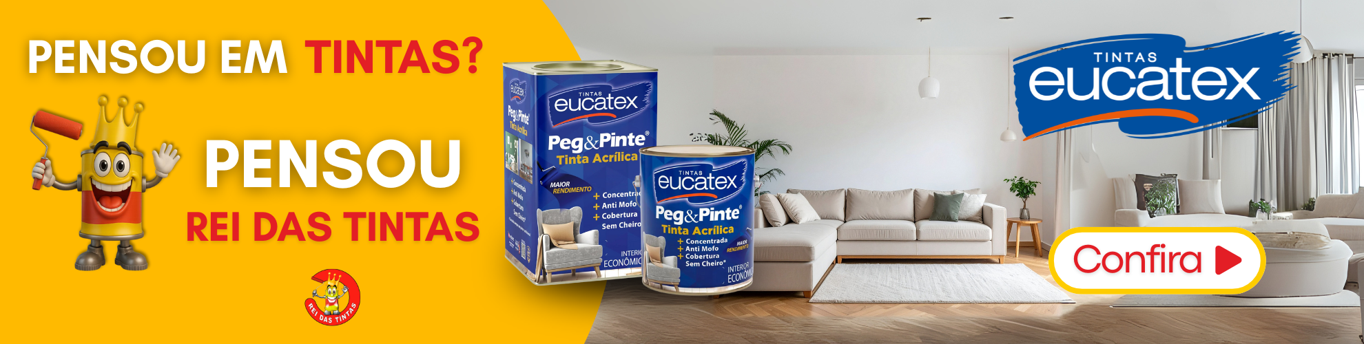 Tintas Eucatex Peg&Pinte para ambientes internos, apresentadas em uma sala de estar.