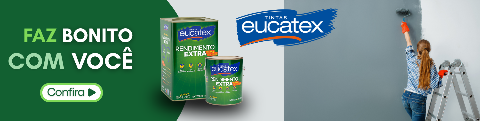 Tintas Eucatex Rendimento Extra e pintura de uma parede com rolo.