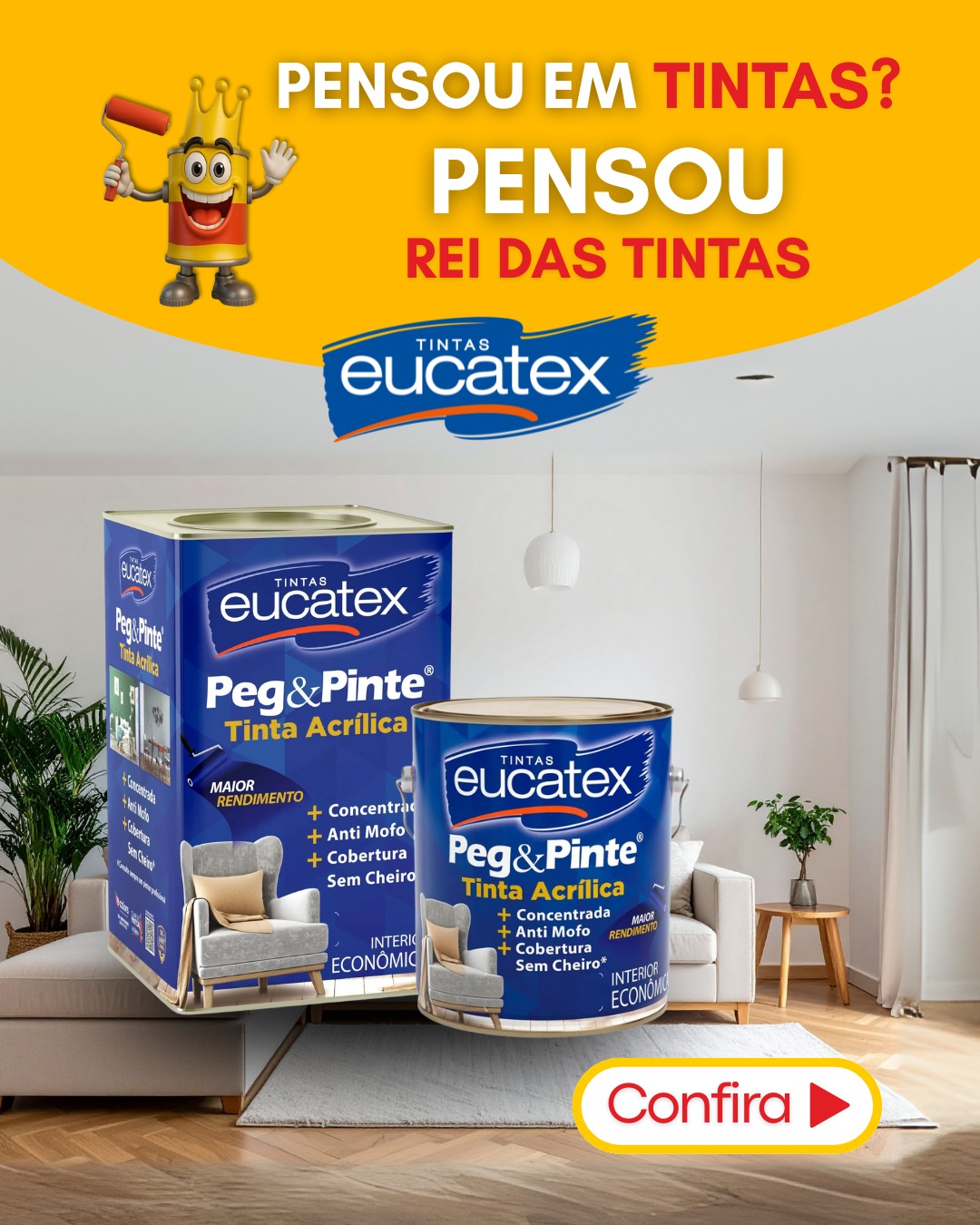 Tintas Eucatex Peg&Pinte para ambientes internos, apresentadas em uma sala de estar.