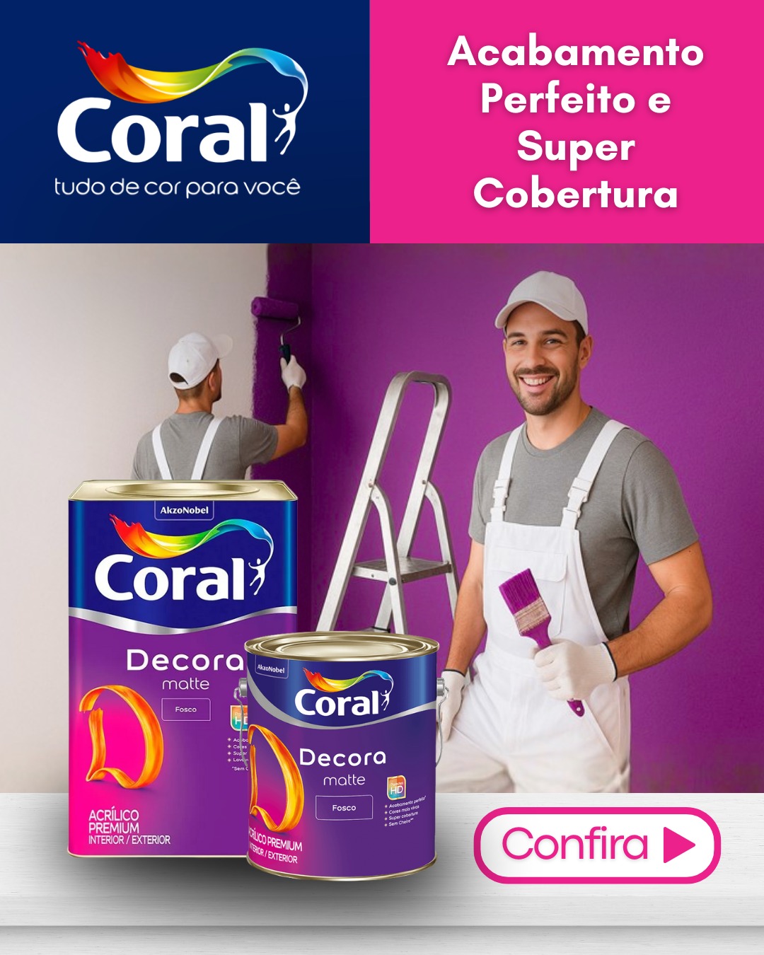 Tintas Coral Decora Matte com acabamento fosco e pintura de uma parede roxa.