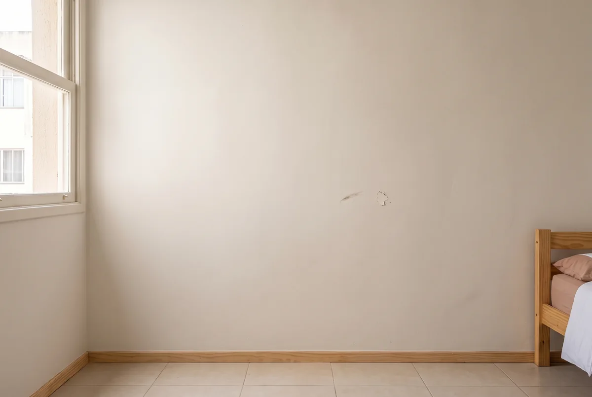 Parede do quarto livre para observar manchas, descascamento e outras falhas antes da pintura.
