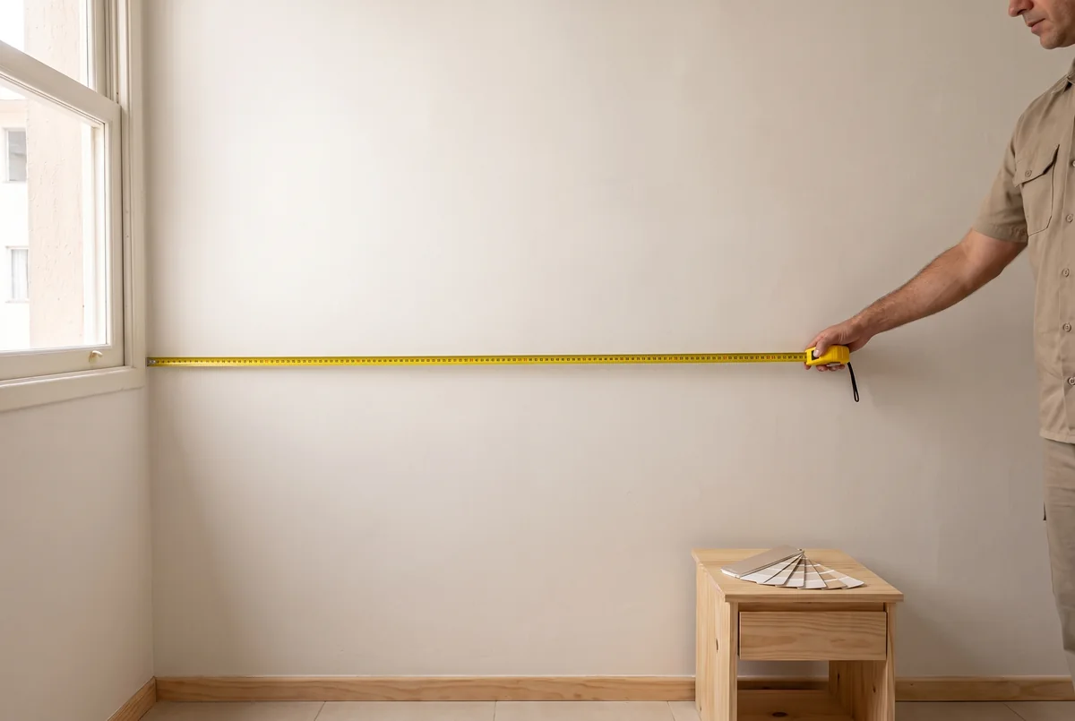 Medição da parede e escolha de uma amostra clara para a pintura do quarto.